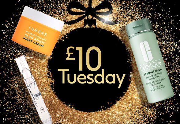 An outline of a bauble made with gold glitter with £10 Tuesday price drop in the centre and various beauty and spa products dotted around it